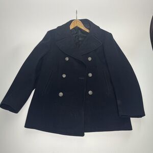 Vintage 1970s Navy Black Wool Peacoat Overcoat Pewter Buttons 38R
